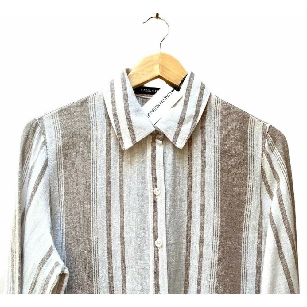 Calvin Klein Stripe Linen Blouse Shirt White Tan - Picture 4 of 8